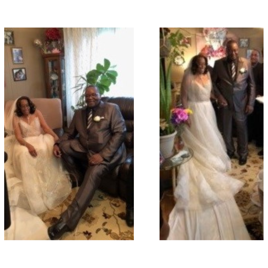 Hospice patient Doris and her now husband posing sitting and standing at the altar after getting married.