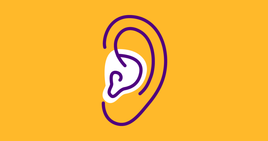A yellow graphic depicting a purple outline of an ear. The middle of the ear is highlighted, representing symptoms from the vestibular system.